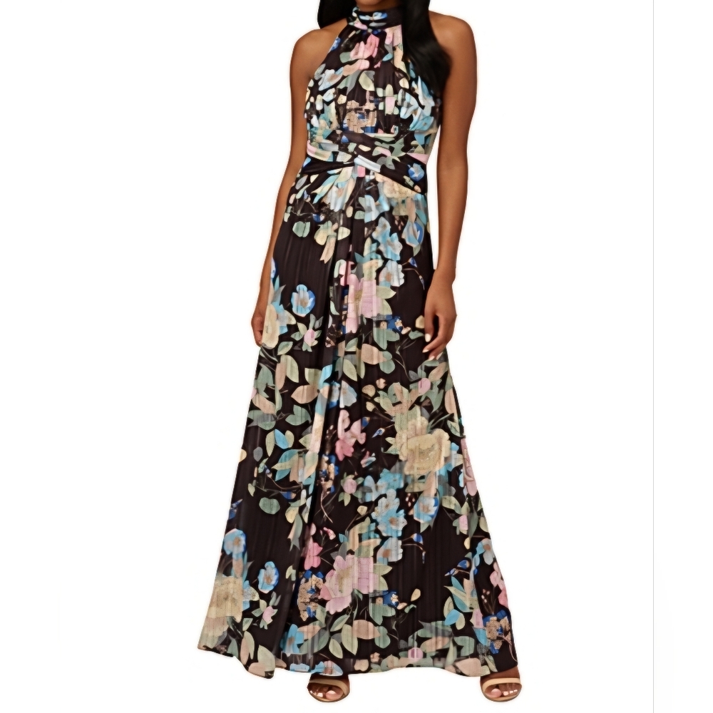 Adrianna Papell Black Floral Halter Maxi Dress